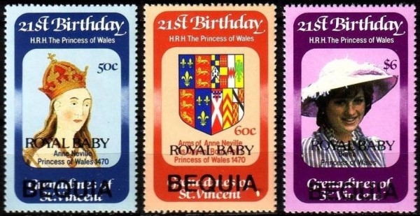 1982 21st Birthday of Princess Diana Overprinted ROYAL BABY BEQUIA Stamps 1982 21st Birthday of Princess Diana Overprinted ROYAL BABY BEQUIA Stamps